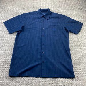 Hard Rock Hotel Shirt Men Large L Navy Blue Striped Button Up Rayon Polyester